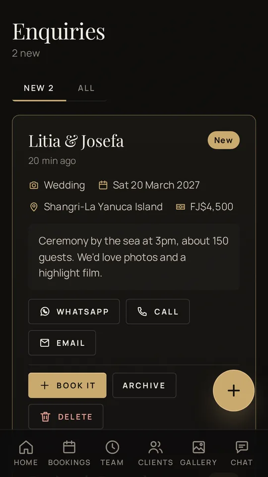 New enquiries in the studio's inbox with WhatsApp and Book it buttons