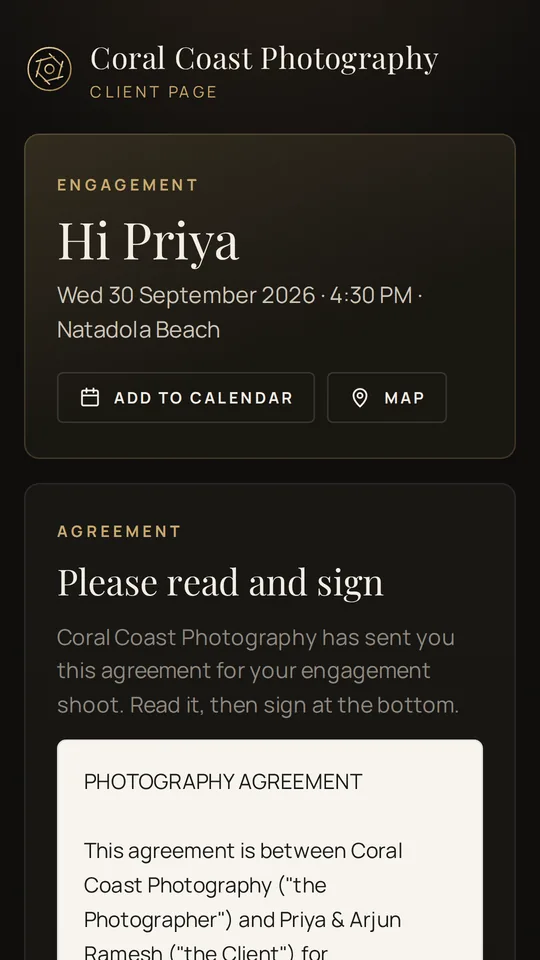 A client's private page with their shoot date, agreement and calendar button